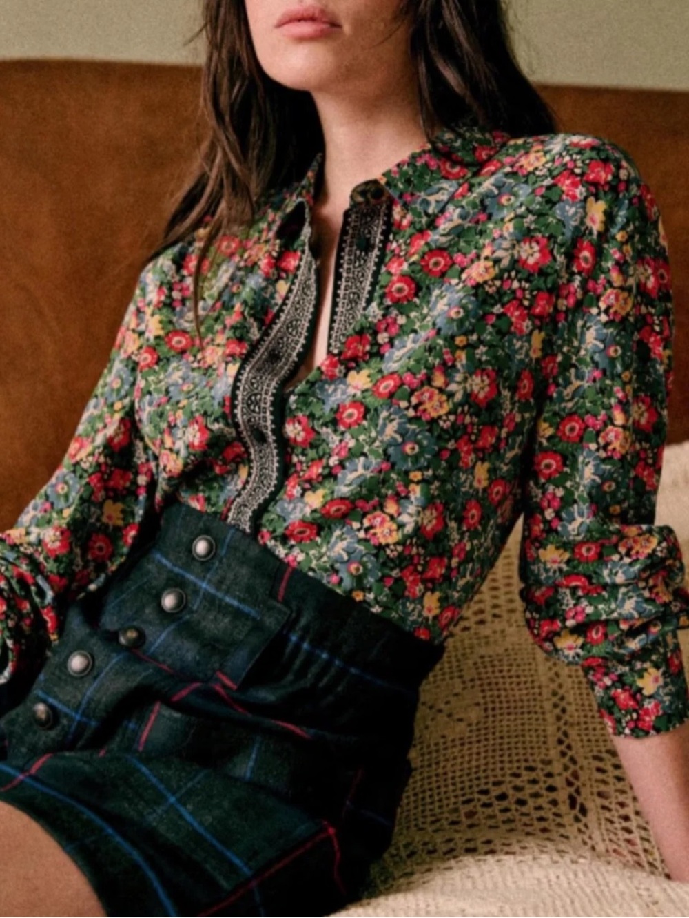 Sézane Ann Shirt in California Print Floral Button-Up Blouse — Green Multi 36